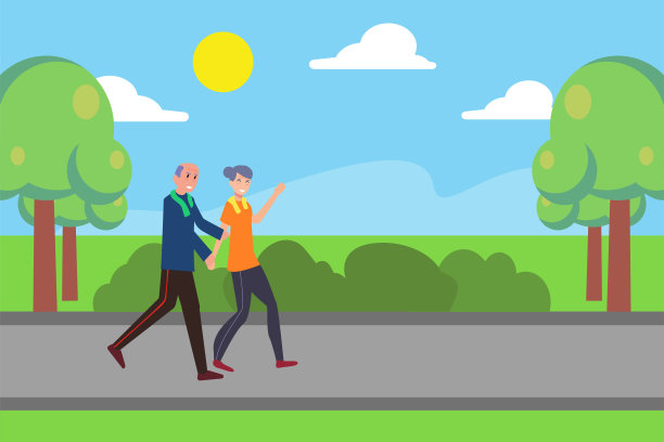 老夫妇愉快地在绿色公园慢跑图片下载