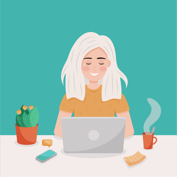 一个女孩坐在桌子旁拿着笔记本电脑，喝着咖啡，用智能手机发短信图片下载