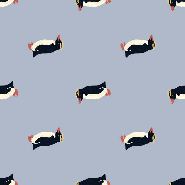 黑白相间的彩色企鹅冠纹元素无缝图案。蓝色柔和的背景。图片下载