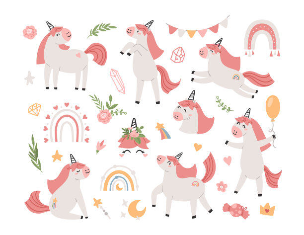 粉红色可爱的独角兽孩子孤立的剪纸包图片下载