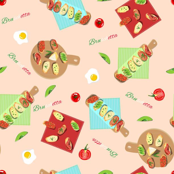 无缝模式与砧板，三明治，鸡蛋，西红柿在白色的背景。图片下载