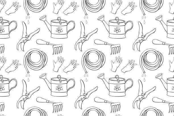 无缝模式与轮廓园艺设备:喷壶，耙，锄头，手套，修枝，软管灌溉。矢量背景和纹理与工具园艺在涂鸦风格图片下载