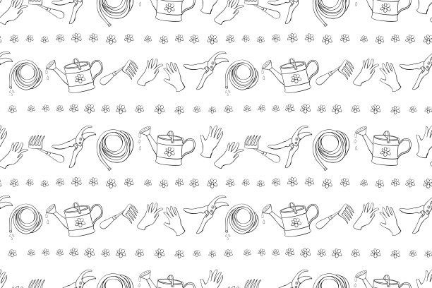 无缝模式与轮廓园艺设备:喷壶，耙，锄头，手套，修枝，软管灌溉。矢量背景和纹理与工具园艺在涂鸦风格图片下载