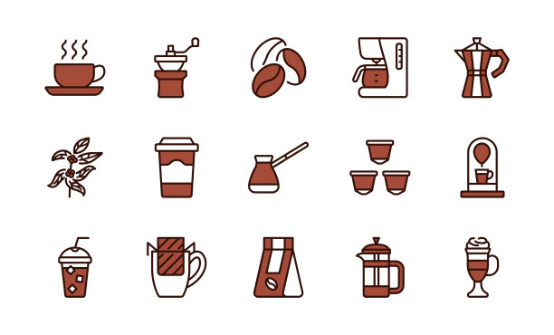 咖啡机线条图标设置为棕色。外带咖啡，磨粉机，滴灌包，塞兹韦，壶，豆子，胶囊和树。餐厅和网上商店的概念。可编辑的中风。图片下载