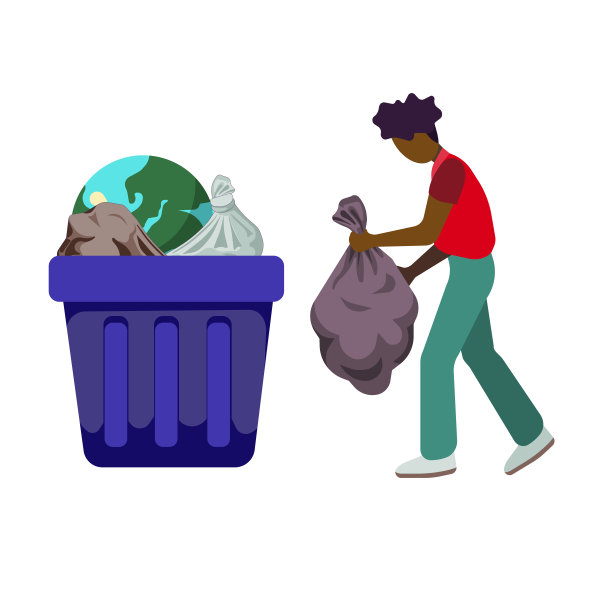 黑人将垃圾袋扔向垃圾箱，我们的地球在白色孤立的背景下，地球在垃圾桶中的设计风格，环保的理念，可持续的原则。图片下载