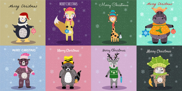 圣诞动物卡集可爱的河马狐狸熊图片下载