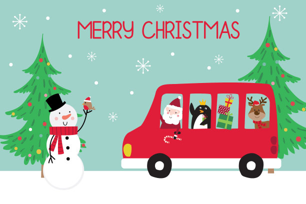 有圣诞老人和可爱角色的圣诞巴士图片下载