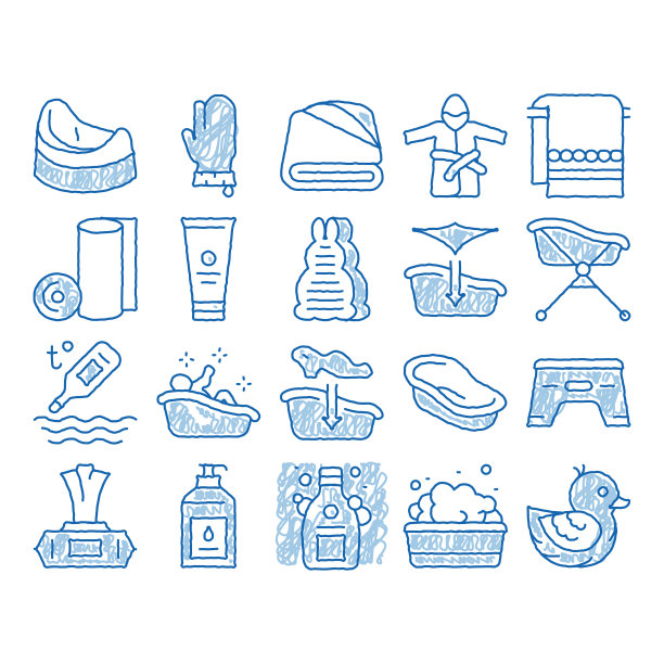沐浴婴儿工具图标手绘插图图片下载