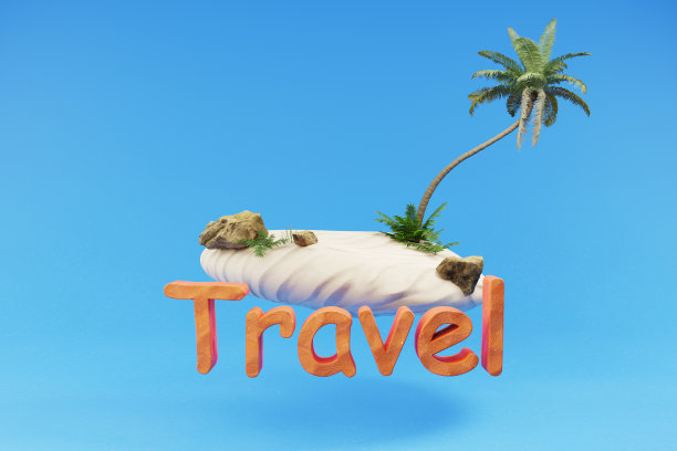 程式化的孤独的热带小岛，棕榈树盘旋;假日旅游旅游理念;三维演示图片下载