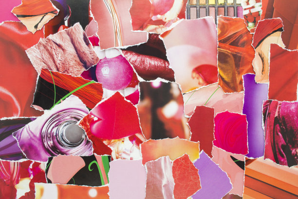 用杂志纸撕成的拼贴画。抽象创意背景剪报与杂志纸在红色，粉色和紫色的颜色。图片下载
