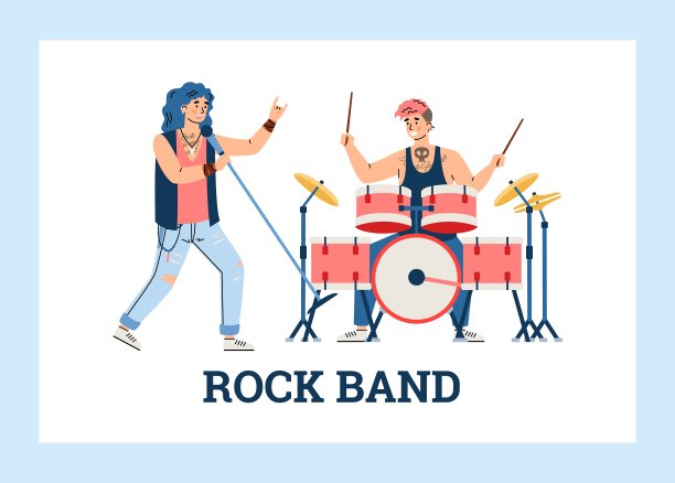 摇滚乐队音乐家在舞台上表演，平面卡通矢量插图。图片下载