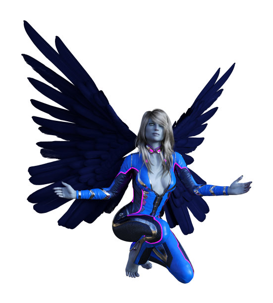 有翅膀的人类形状的外星人与翅膀展开宽跪着与她的双臂展开在一个白色的背景上的插图图片下载