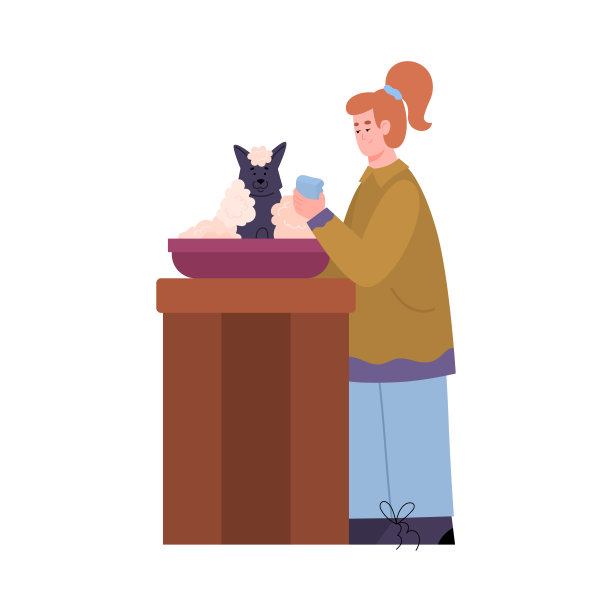 专家美容沙龙洗澡狗，卡通矢量插图孤立。图片下载