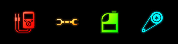 设置万用表，扳手扳手，Canister电机机油和同步带套件图标。向量图片下载