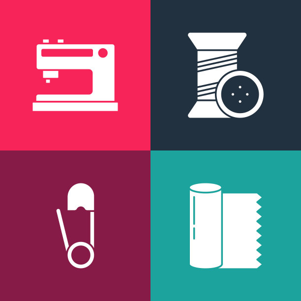 设置流行艺术纺织面料卷，安全别针，缝纫线，纽扣和机器图标。向量图片下载