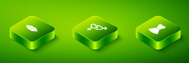 设置等距性别，女性服装和微笑的嘴唇图标。向量图片下载