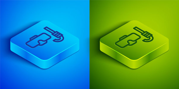 等距线潜水面罩和通气管图标隔离在蓝色和绿色的背景。极限运动。在水下潜水设备。方形按钮。向量图片下载