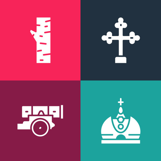 设置流行艺术国王皇冠，大炮，基督教十字架和桦树图标。向量图片下载