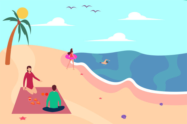 青少年在海滩上野餐和游泳图片下载