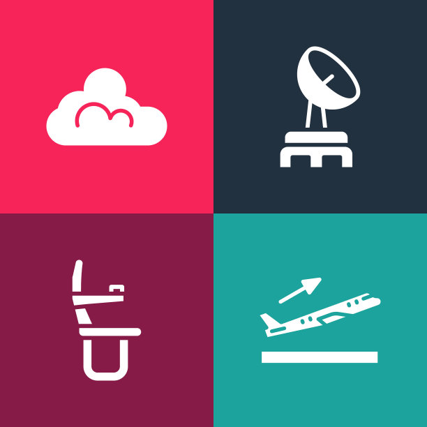 设置流行艺术飞机起飞，飞机座位，雷达和云天气图标。向量图片下载