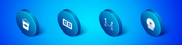 设置盒内等距爆米花、绳障、CD DVD盘和VHS录像带图标。向量图片下载