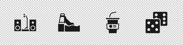 设置家庭立体声与两个扬声器，水滑梯，纸玻璃水和游戏骰子图标。向量图片下载