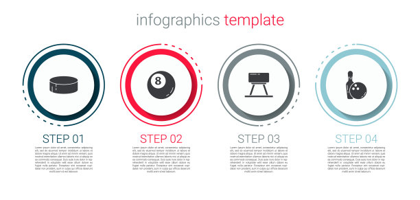 设置冰球，台球台球，鞍马和保龄球瓶和。业务信息模板。向量图片下载