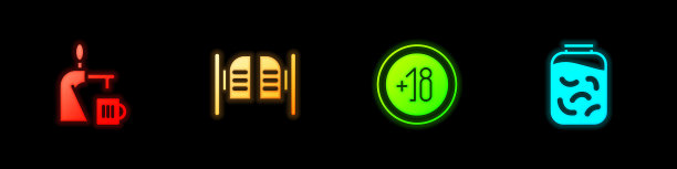 设置啤酒水龙头与玻璃，沙龙门，酒精18 +和腌黄瓜在罐子图标。向量图片下载