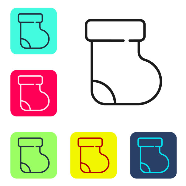 黑色线婴儿袜子衣服图标孤立在白色背景。设置图标的颜色方形按钮。向量图片下载