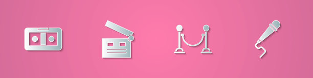 设置剪纸VHS盒式磁带，电影拍片，绳索护栏和麦克风图标。纸艺术风格。向量图片下载