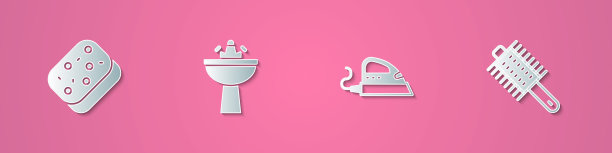 设置剪纸海绵，洗脸盆水龙头，电熨斗和毛刷图标。纸艺术风格。向量图片下载