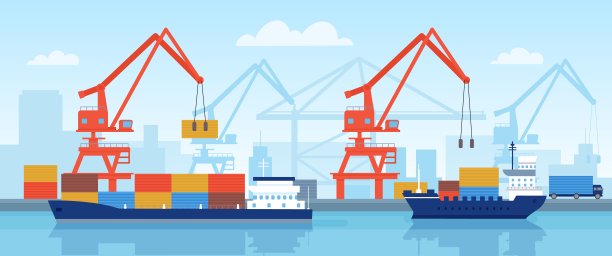 货轮在港。集装箱在港口用起重机装载海运。平面物流或进口由海矢量概念图片下载