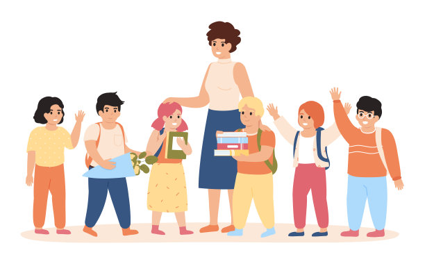 学生和老师。快乐的小朋友和女老师站在一起，年轻的女老师用小学生矢量插画。幼儿园教育者及儿童图片下载