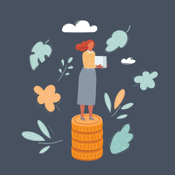 专家的矢量插图，女人站在一堆钱。工资观念在白人孤立的背景下。图片下载