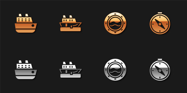 设置游轮，船舷窗与海景和指南针图标。向量图片下载