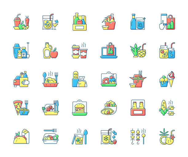 外带饮品和外卖食品RGB颜色图标集图片下载