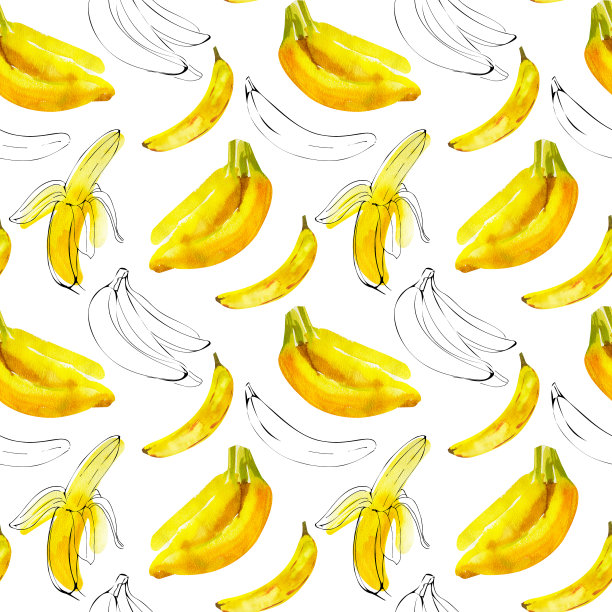无缝图案与水彩插图香蕉与水墨素描线上白图片下载