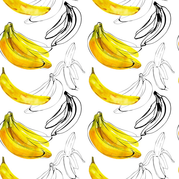 无缝图案与水彩插图香蕉与水墨素描线上白图片下载