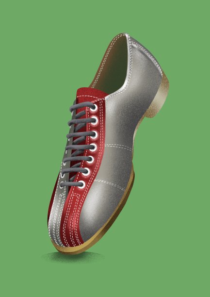 手绘复古海报纹理彩色插图保龄球鞋在绿色背景。可用于海报，横幅，传单，邀请，卡片，印刷，广告。图片下载