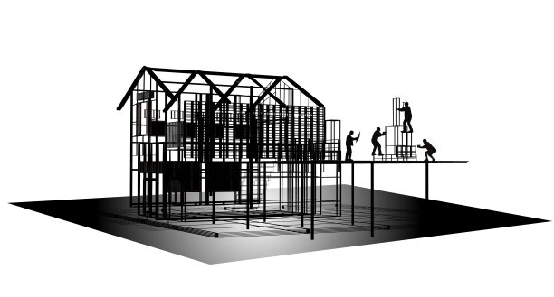 建筑工地工人在建筑上工作的剪影。三维渲染图片下载
