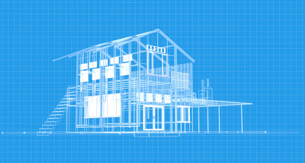 蓝图房屋平面图绘制线框结构。三维渲染图片下载