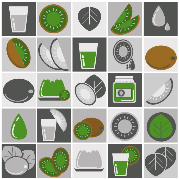 猕猴桃图标设置在灰色背景的整个水果和图片下载