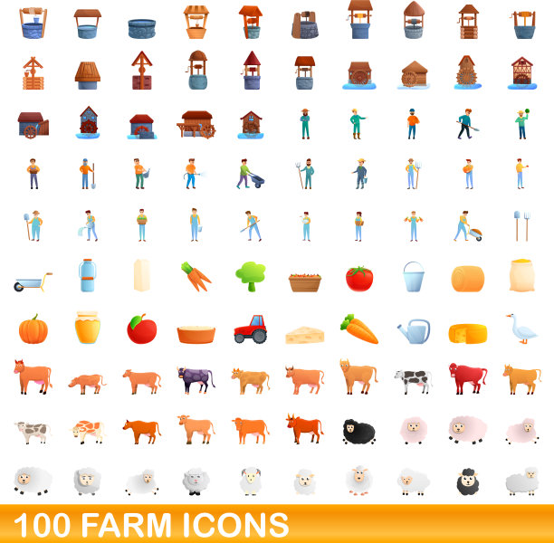 100个农场图标设置卡通风格图片下载