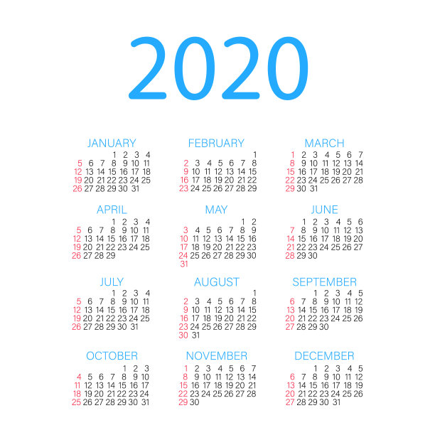 日历2020周从周日开始图片下载