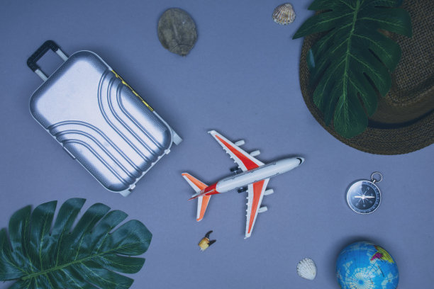 乘飞机旅行的概念。以贝壳和指南针为背景，配有帽子和飞机的旅游休闲手提箱。图片下载