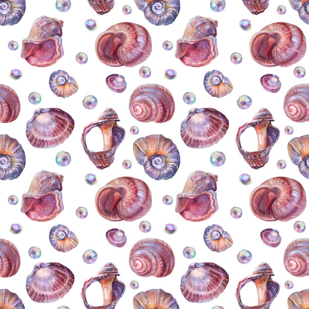 无缝模式水彩棕色粉红色螺旋海贝与珠珍珠在白色的背景。手绘自然现实对象庆祝，文具，卡片，墙纸，纺织品，包装，花店图片下载