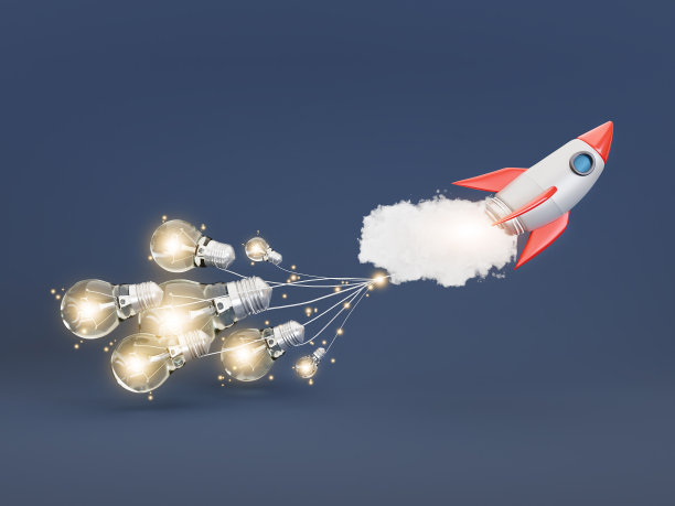 想象的概念与火箭和灯泡在蓝色的背景。图片下载