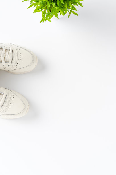 女人的运动鞋和花在白色背景与copyspace。生活方式的概念。俯视图图片下载