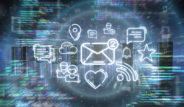 在服务器室数据中心的多媒体图标- 3d渲染图片下载