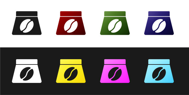 设置袋咖啡豆图标孤立在黑色和图片下载